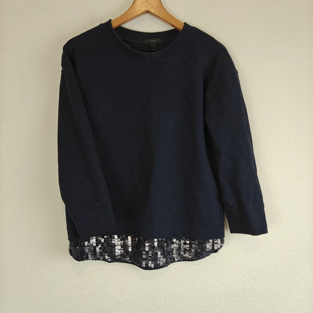 J.Crew Sequin Hem Sweatshirt XS | Navy Crewneck Embellished Casual Glam Pullover